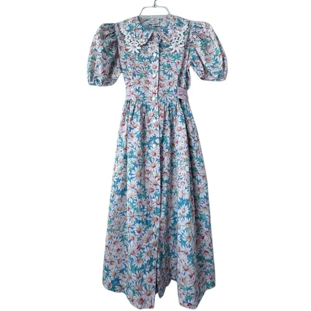 Rare Edition Vintage Floral Dress Lace Puff Sleeve Made in USA SZ 14